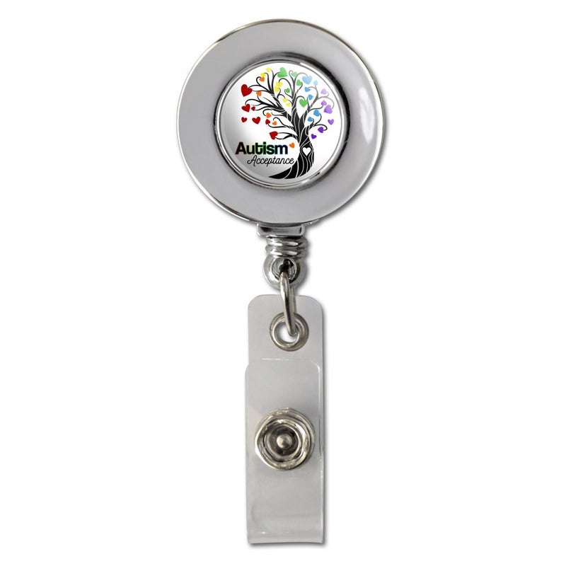 GRAPHICS & MORE Autism Acceptance Tree of Life with Hearts Retractable Reel Chrome Badge ID Card Holder Clip - Image 1